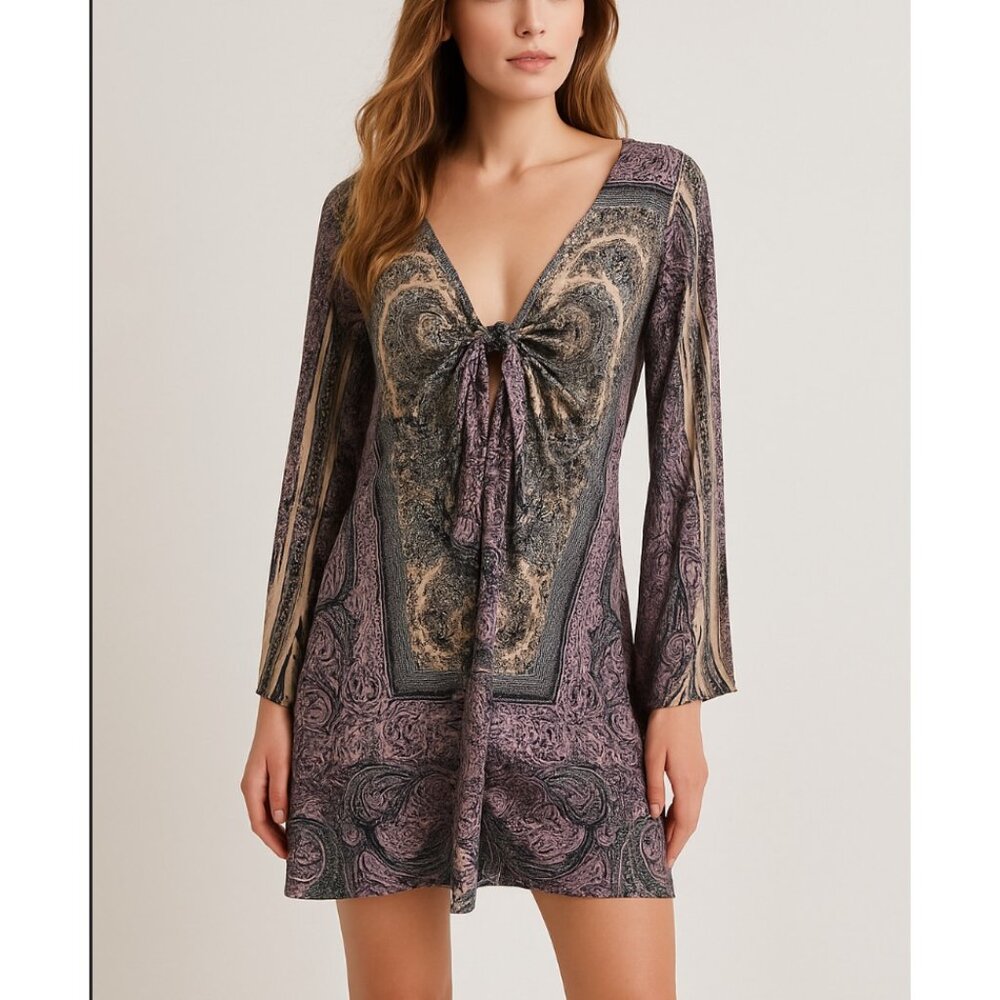 Boho Chic Fairy Sweater Dress Womens XL Brown Purple Rhinestone Embellished